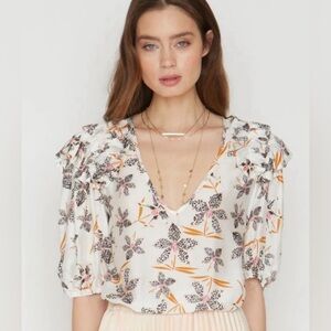 Anthropologie Caballero Cloe Blouse Top - Disa Orchid Floral Ruffle Medium